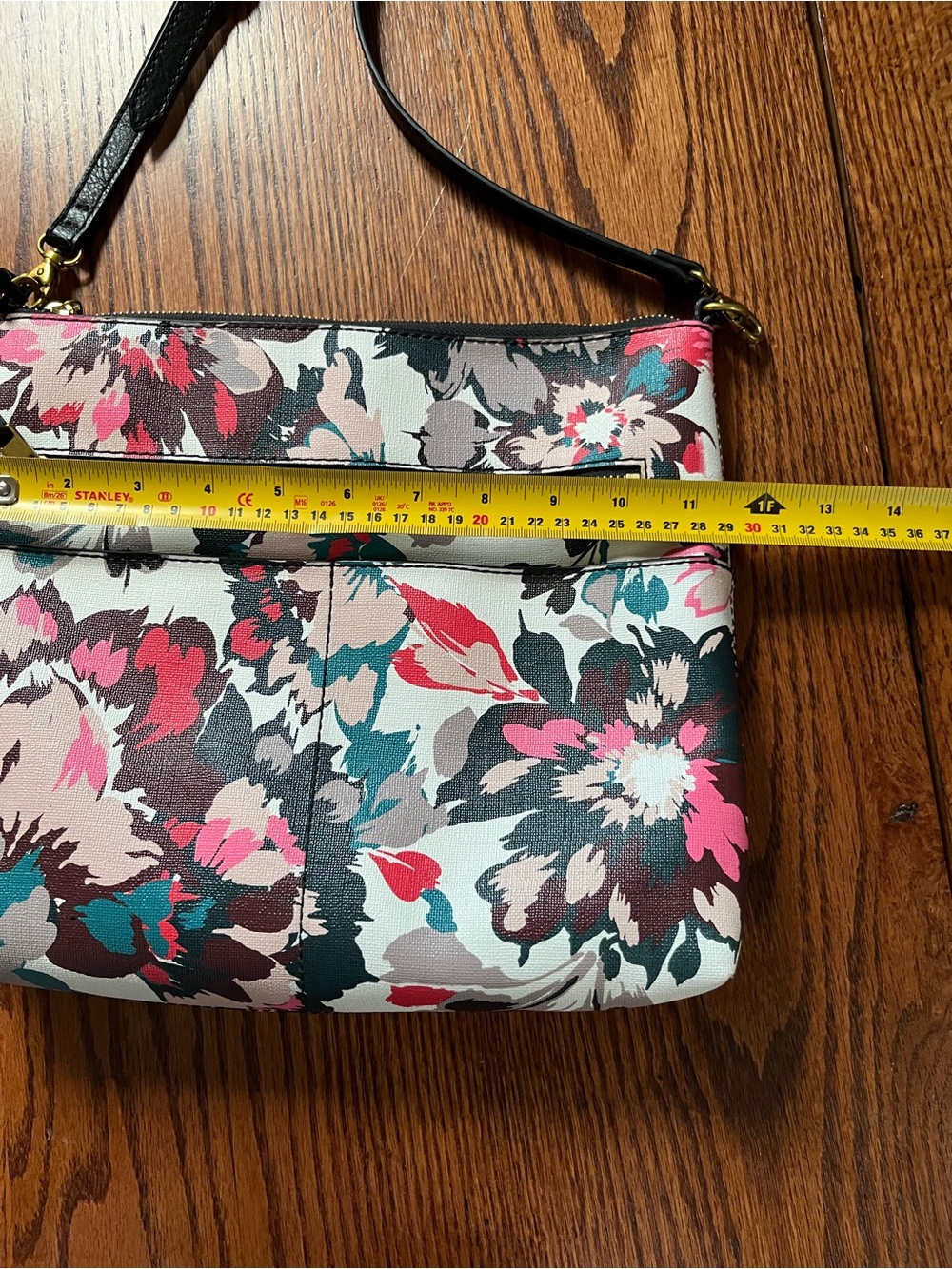 Fossil Floral Crossbody Bag Pink Black Zip Brass Key Adjustable Shoulder Purse - Picture 11 of 12